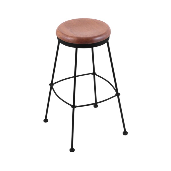 25" Stationary Counter Stool, Black Wrinkle, Med Oak Seat